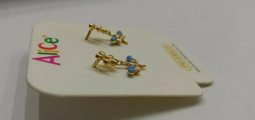 Orecchini  pendenti in oro giallo 18 kt con fiore e libellula   e smalti a fuoco