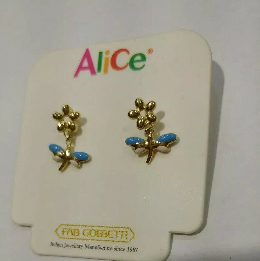 Orecchini  pendenti in oro giallo 18 kt con fiore e libellula   e smalti a fuoco