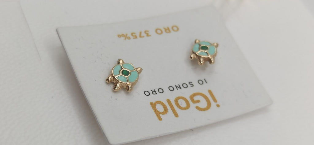 Orecchini in oro giallo 9 kt modello tartaruga con smalti. 