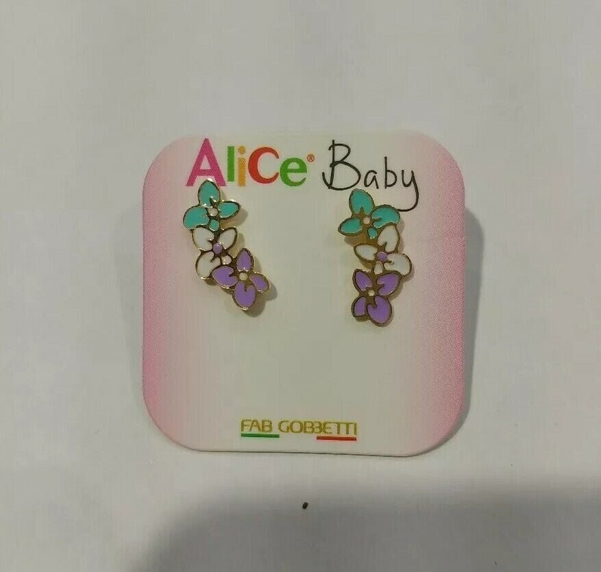 Orecchini pendenti in oro giallo 18 kt con fiori    e smalti a fuoco