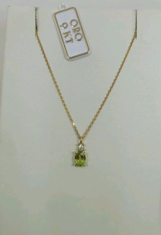 Collana punto luce in oro  giallo 9 Kt pietra verde ovale Collana Principessa