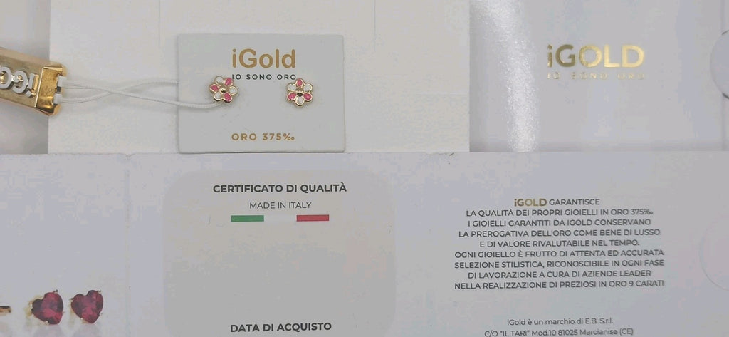 Orecchini in oro giallo lucido  9 kt con fiori e smalti bianchi e rosa.