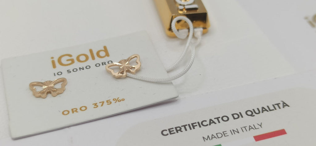 Orecchini in oro giallo 9 kt lucido ed inciso modello farfalla 