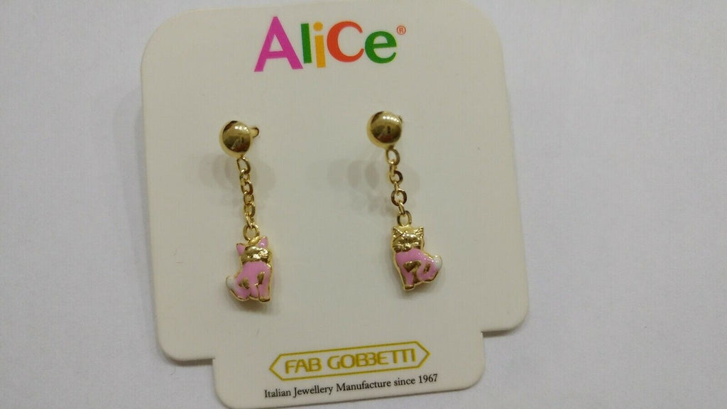 Orecchini pendenti in oro giallo 18 kt con gatti   smaltati a fuoco