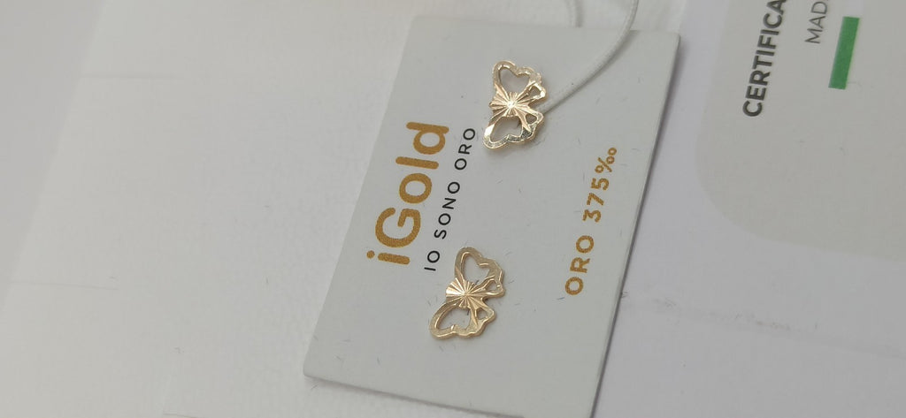 Orecchini in oro giallo 9 kt lucido ed inciso modello farfalla 