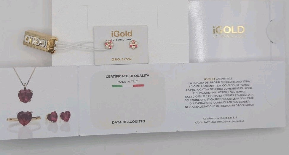 Orecchini in oro giallo lucido  9 kt con fiori e smalti bianchi e rosa.