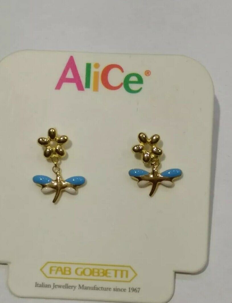 Orecchini  pendenti in oro giallo 18 kt con fiore e libellula   e smalti a fuoco