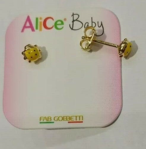 Orecchini in oro giallo 18 kt con coccinella gialla con   smalti a fuoco