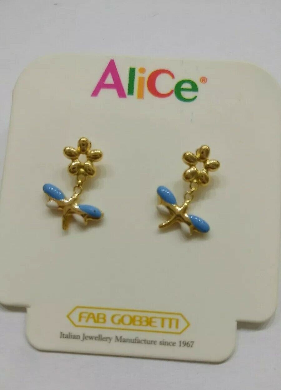 Orecchini  pendenti in oro giallo 18 kt con fiore e libellula   e smalti a fuoco